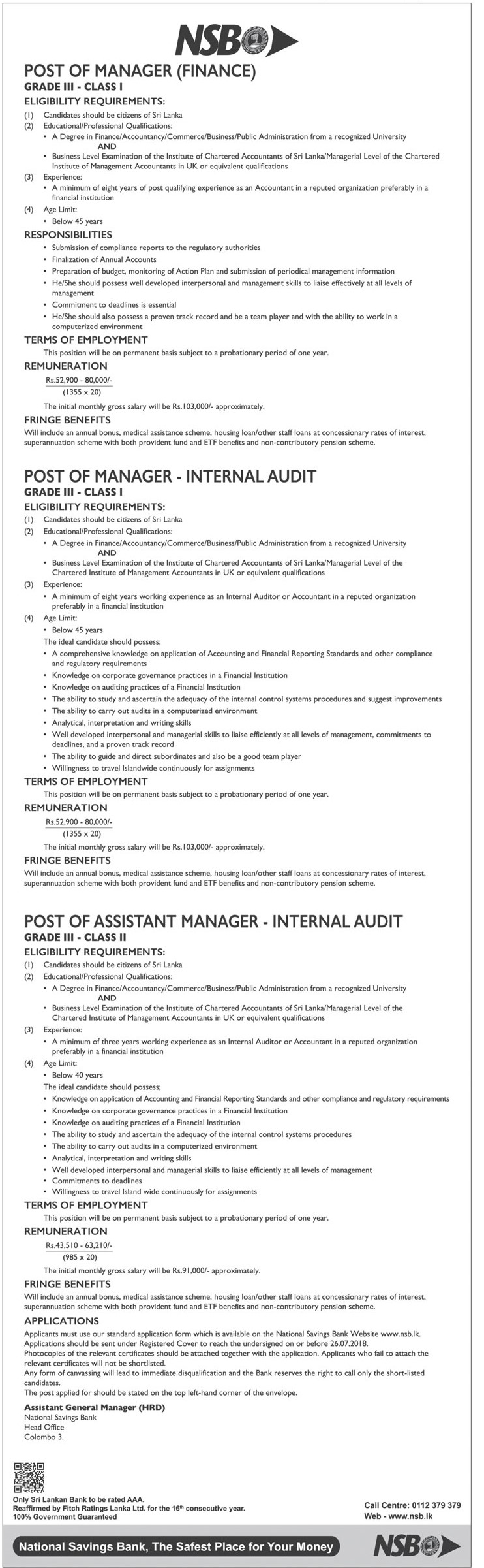 Manager (Finance, Internal Audit), Assistant Manager (Internal Audit) - National Savings Bank (NSB)